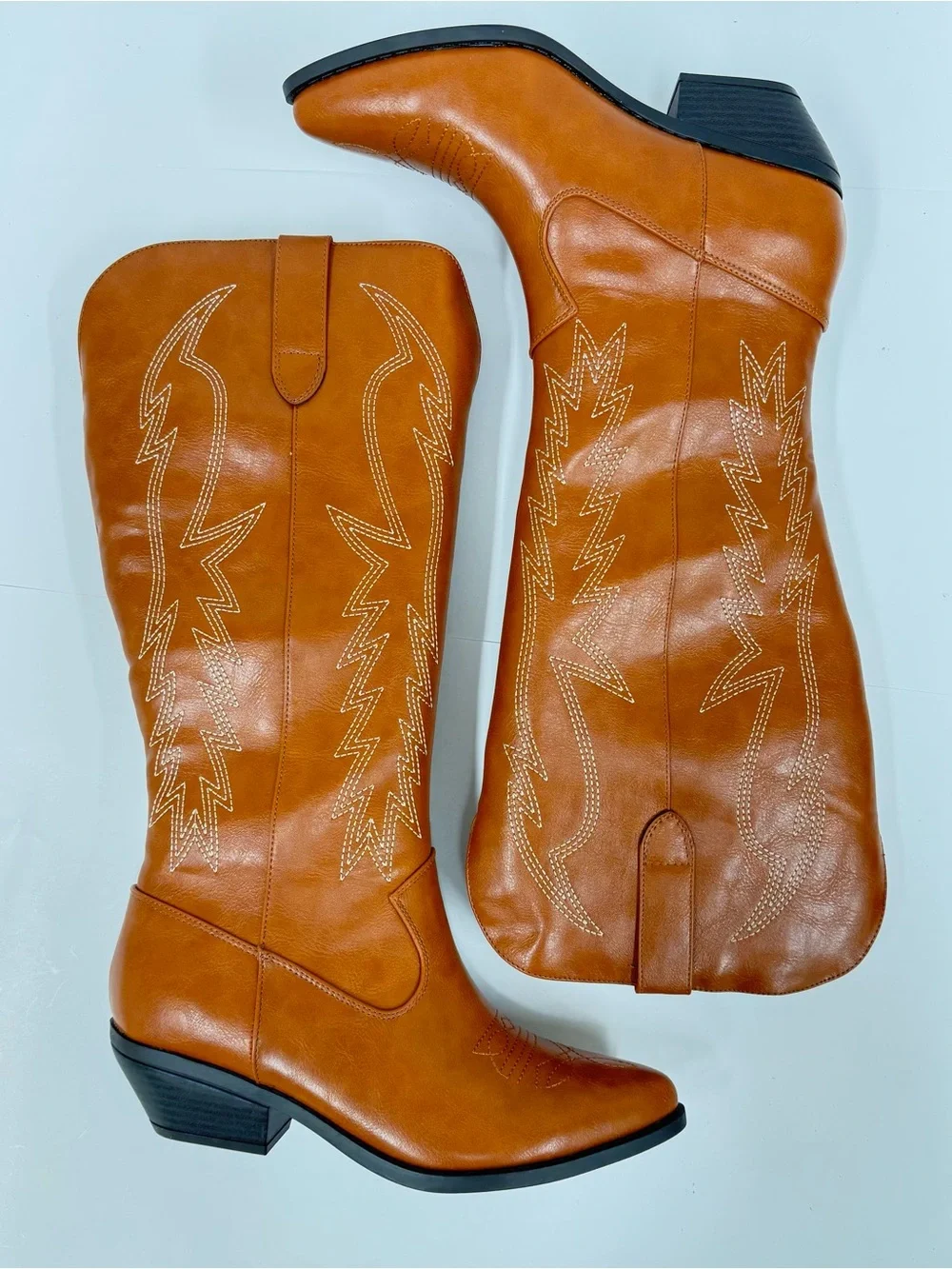 Soda Cognac Western Knee-High Boot with Embroidered Detail